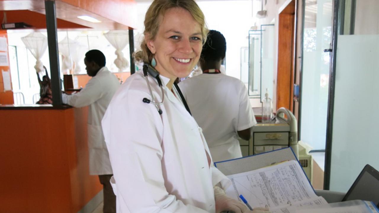 Becky DeBoer, MD, MA, while on oncology wards at Rwanda's Butaro Hospital.