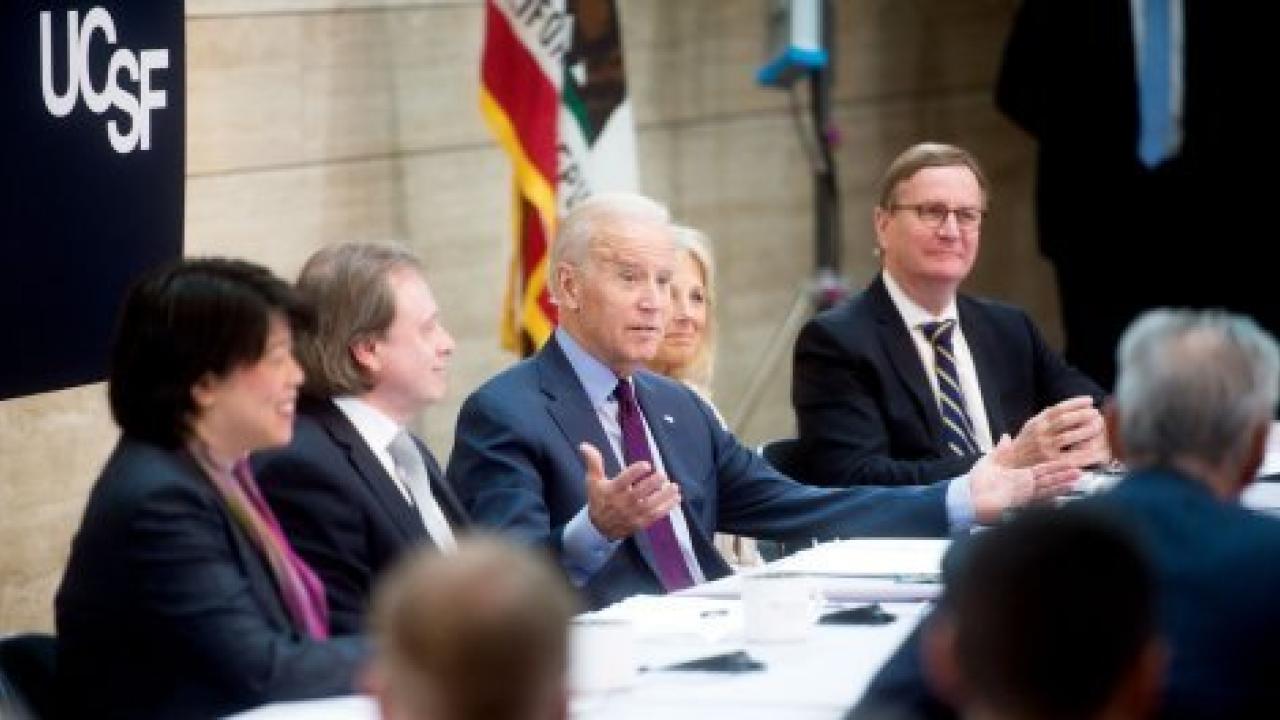 Vice President Joe Biden (center), visited UCSF in February as part of his National Cancer Moonshot initiative. From left to right: Mignon Loh, MD; Alan Ashworth, PhD, FRS; Joe Biden; Jill Biden, PhD; and UCSF Chancellor Sam Hawgood, MBBS. Photo by Noah Berger
