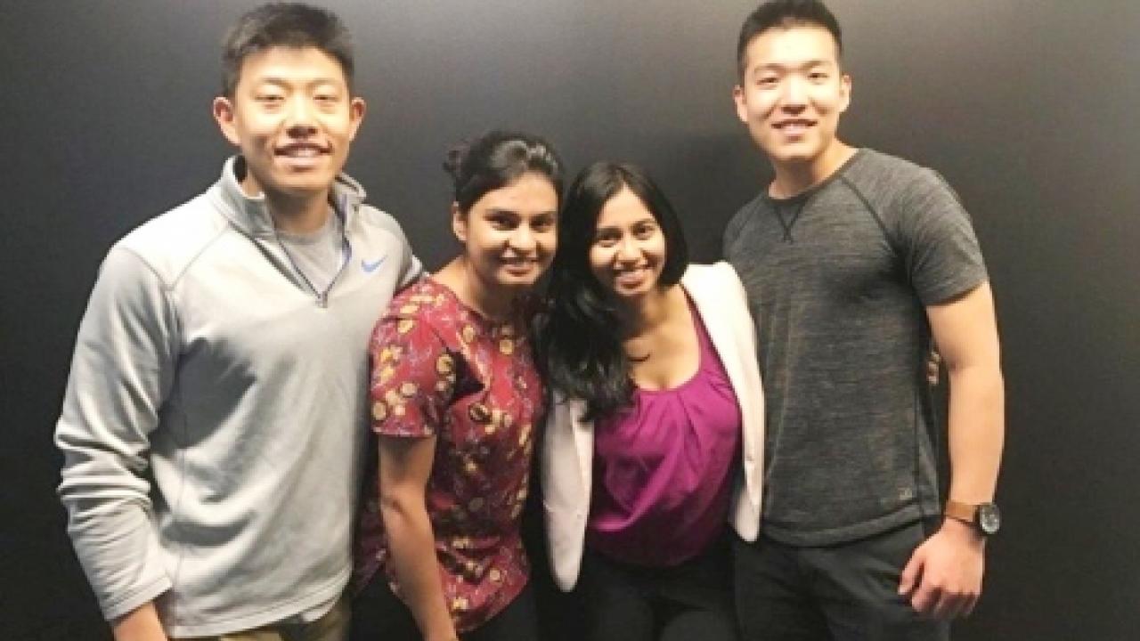 The hackathon winning team (from left) Ben Hsu, BS; Nandita Damaraju, MS; Jo Varshney, DVM, PhD; and Teng Gao, BS. Photo courtesy of Jo Varshney