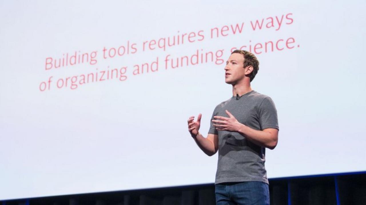 Facebook CEO and philanthropist Mark Zuckerberg announces the Chan Zuckerberg Initiative's first investment in science at a Sept. 21 event at UCSF Mission Bay. Photo by Drew Altizer Photography