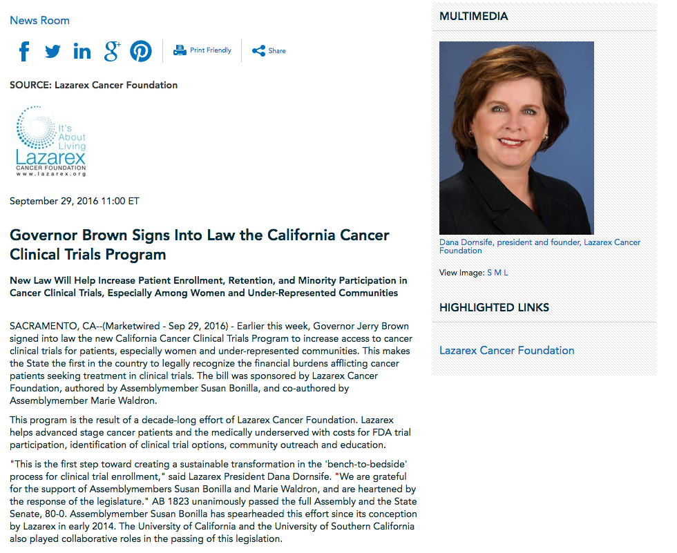 Press - Governor Brown Sings inot law the California Clinical Trials Program