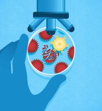 An illustration of a gloved hand holding a petri dish under a microscope, where a glowing yellow immune cell targets several red, spiky cancer cells.