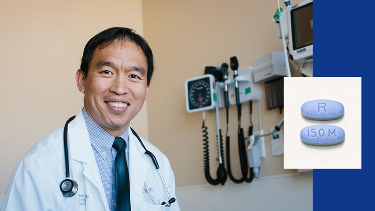Dr. Andrew Ko in clinic; image of two Daraxonrasib pills