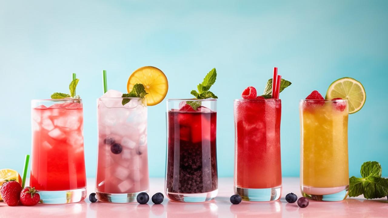 five glasses filled with ice and beverages of various colors