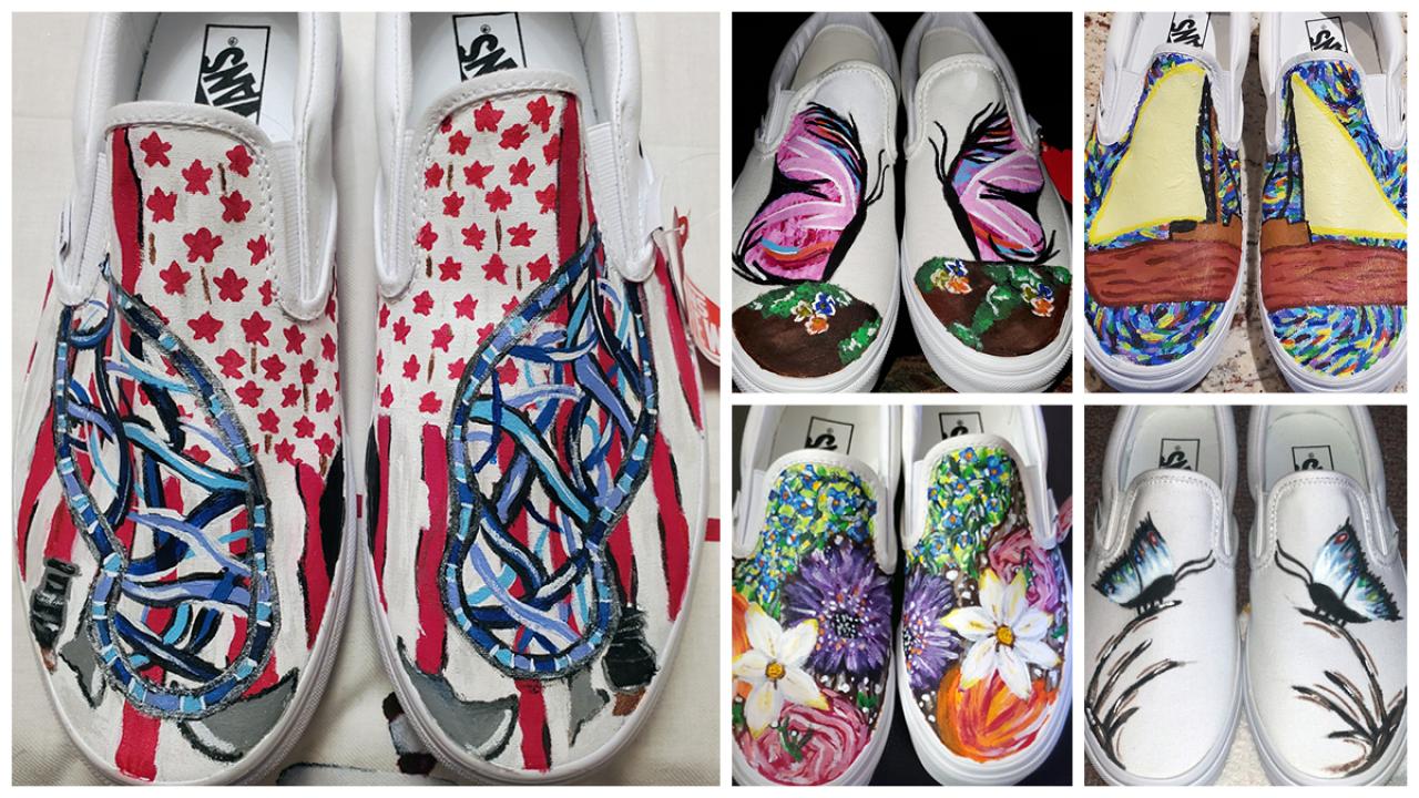 Shoes painted by Olivia Tillis as part of the To Walk In Their Shoes project in honor of her mother Rosie Tillis. Shoes Brain Tumor Center