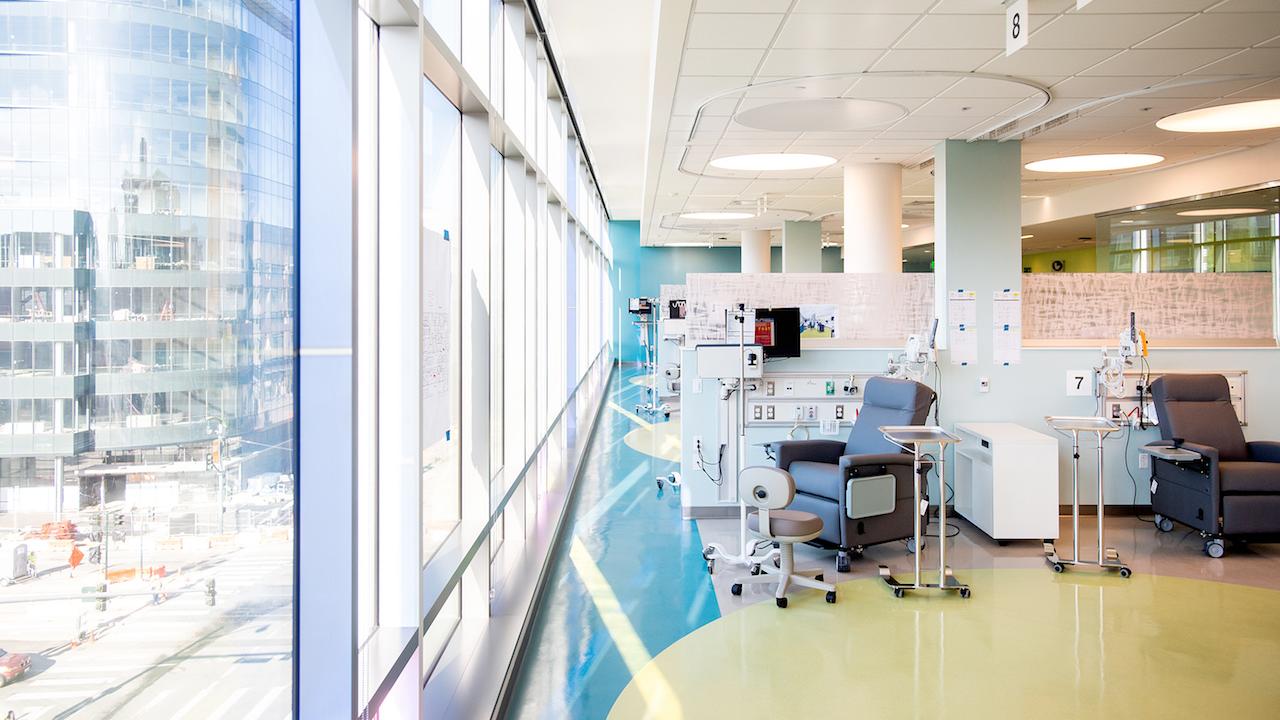 A peek inside the infusion center at the Bakar Precision Cancer Medicine Building at the UCSF Mission Bay campus. Photo by Noah Berger A peek inside the infusion center at the Bakar Precision Cancer Medicine Building at the UCSF Mission Bay campus. Photo by Noah Berger