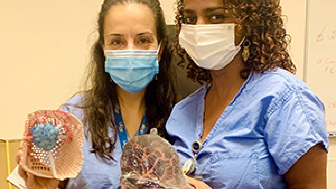 Rita Mukthar, MD (left) and Tatiana Kelil, MD (right) with a precise 3D model of a patient's breast for cancer surgery. Rita Mukhtar and Tatiana Kelil