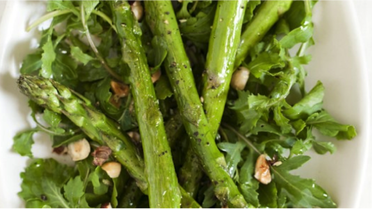 Roasted Asparagus Salad with Arugula and Hazelnuts