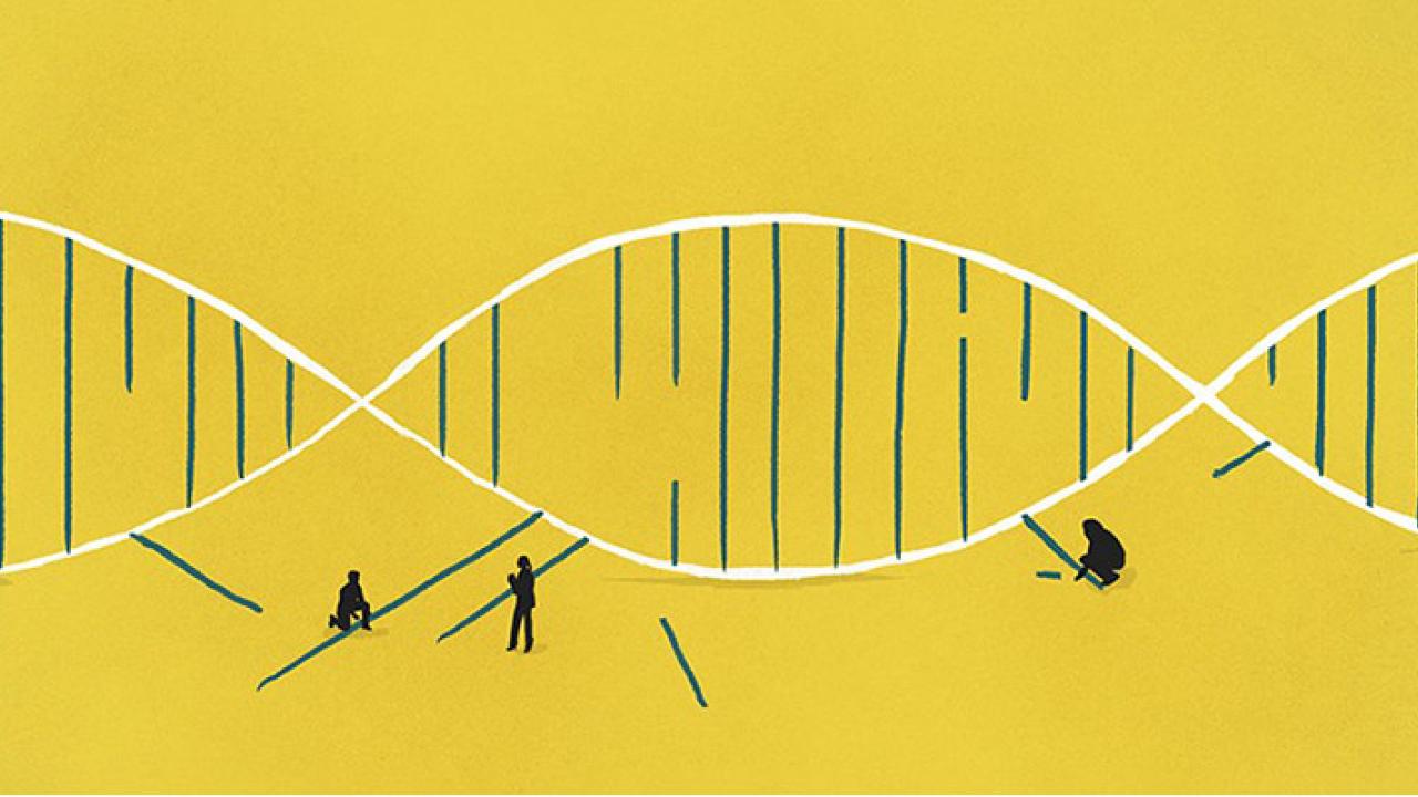 Illustration of small silhouettes of people taking apart and putting together a double helix CRISPR