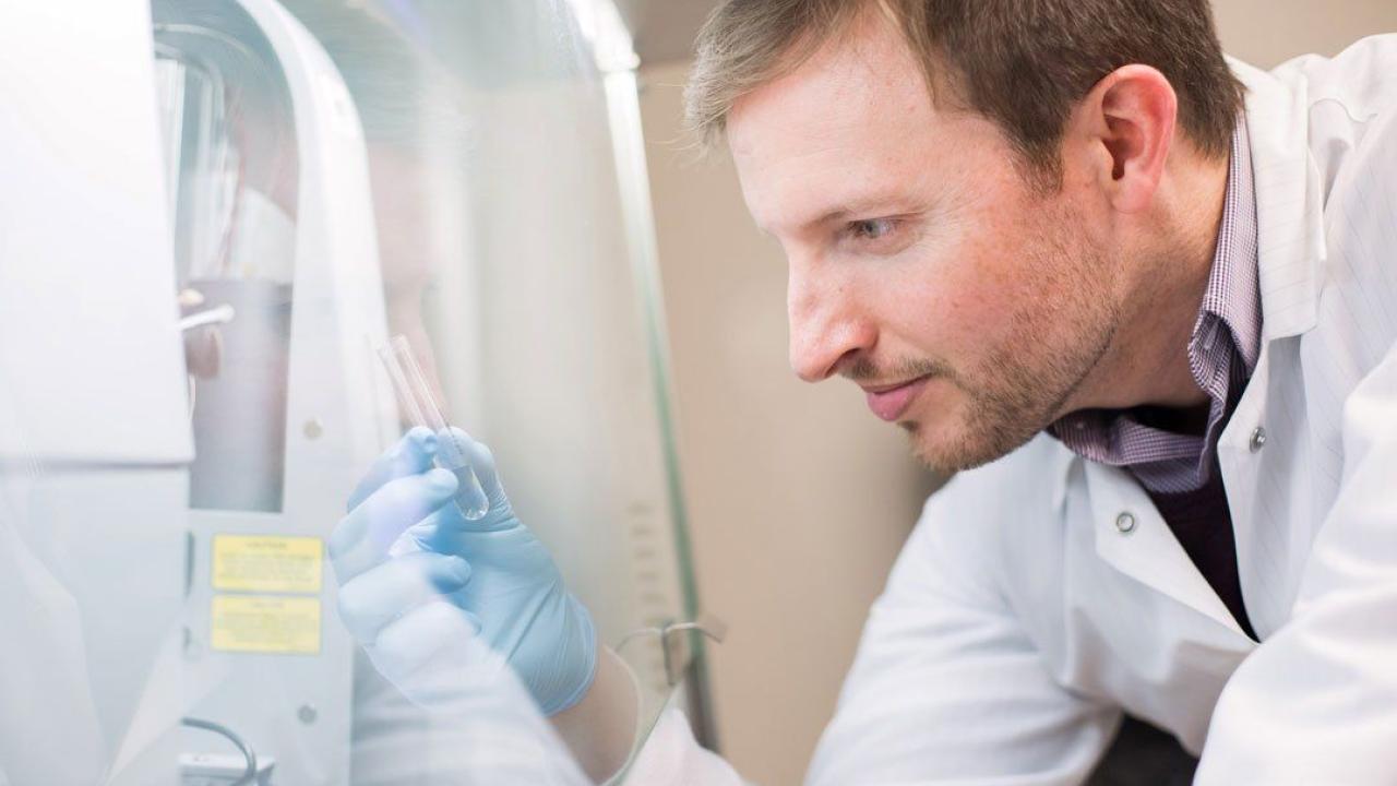 Kole Roybal, associate professor of microbiology and immunology, in his lab at UCSF. Image by Susan Merrell Kole Roybal, associate professor of microbiology and immunology, in his lab at UCSF.
