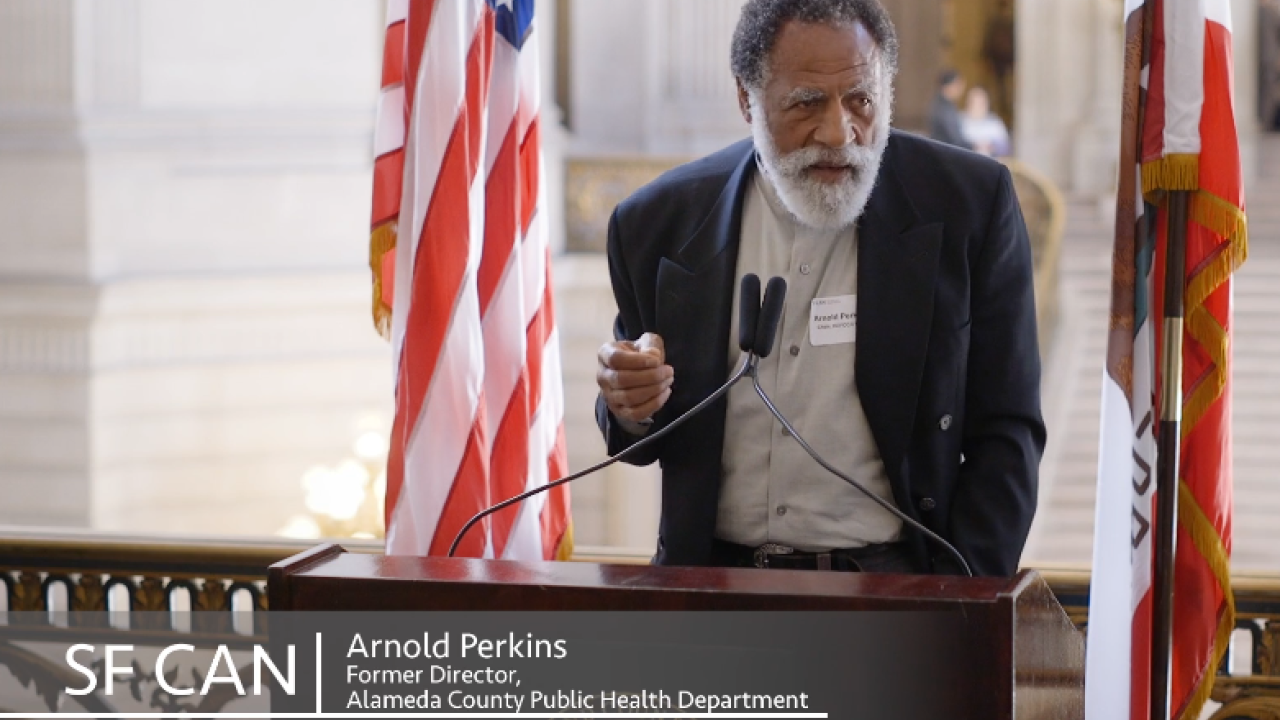 Arnold Perkins addresses the crowd gathered for the launch of the San Francisco Cancer Initiative at San Francisco City Hall. Arnold Perkins addresses the crowd gathered for the launch of the San Francisco Cancer Initiative at San Francisco City Hall.