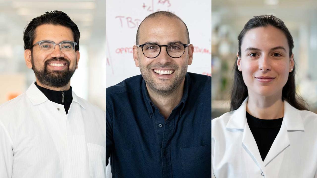 The 2024 recipients of the Pew Award, from left to right: Vijay Mohan K Namboodiri, PhD; Justin Eyquem, PhD; and Jovanka Gencel-Augusto, PhD. Photos by Susan Merrell Headshots of the 2024 Pew Award recipients, which are Vijay Namboodiri, Justin Eyquem, and Jovanka Gencel-Augusto