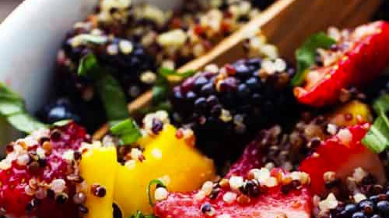 Closeup of fruit salad with quinoa