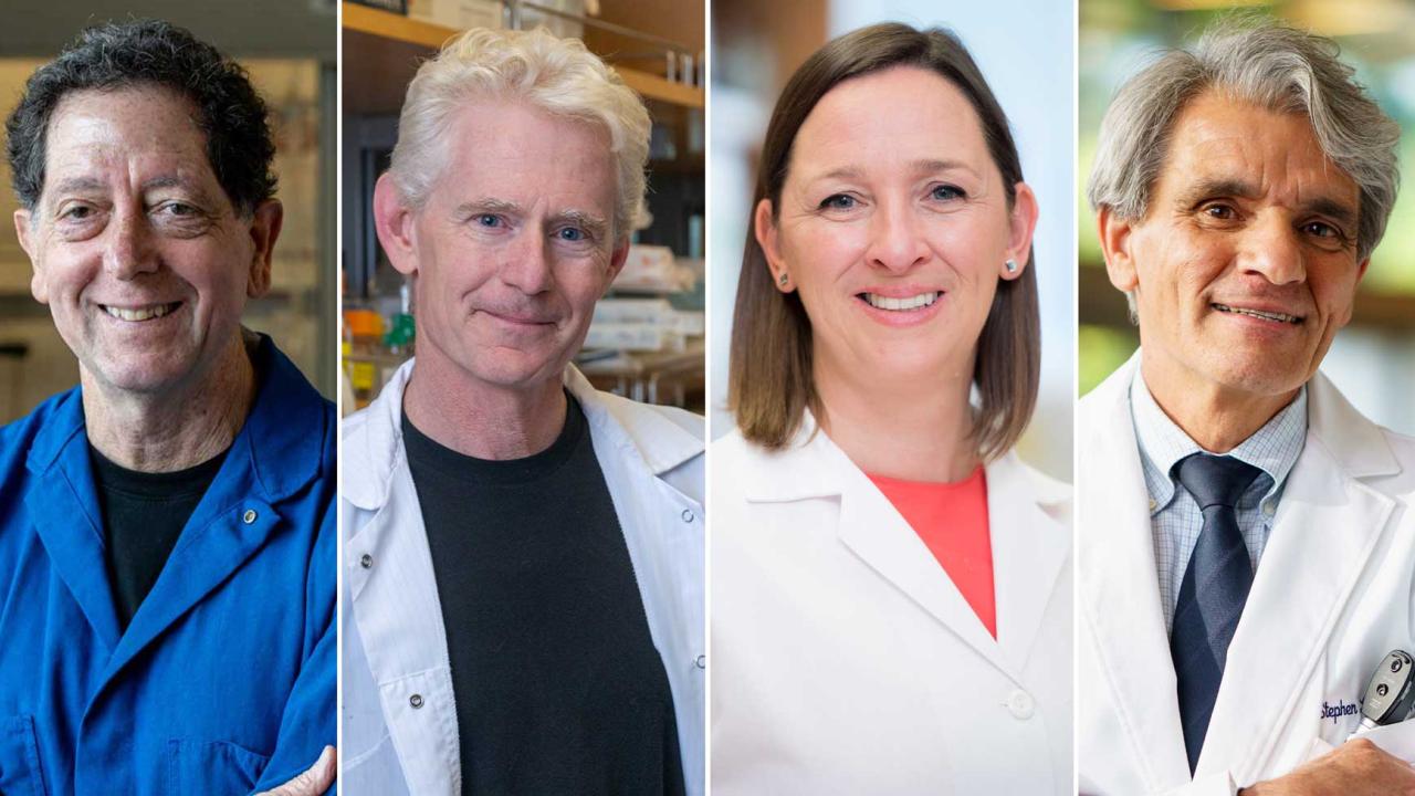 From left toright: Kevan Shokat, PhD, winner of the Gamechanger Award; Joseph DeRisi, PhD, winner of the Best Startup Award; Susan Lynch, PhD, winner of the Disruptive Research Award; and Steven Hauser, MD, winner of the Distinguished Lifetime Achievement Award.