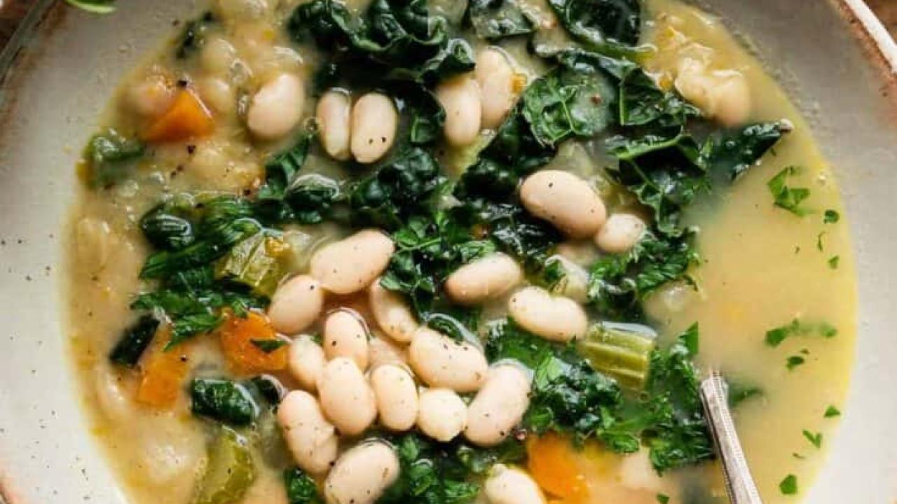 closeup of white bean and spinach soup