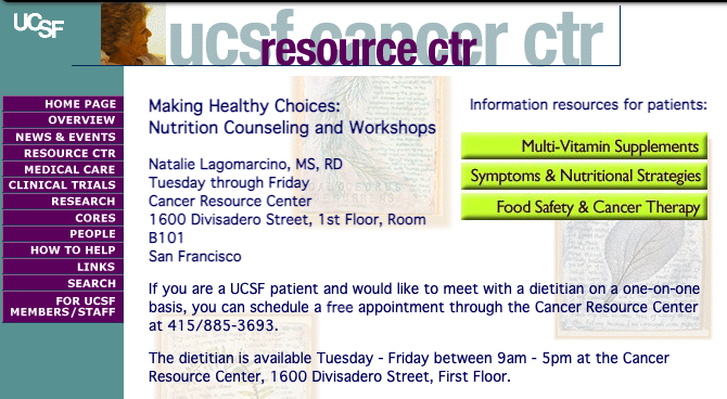 Screenshot from 2002 of the Cancer Resource Center nutrition program