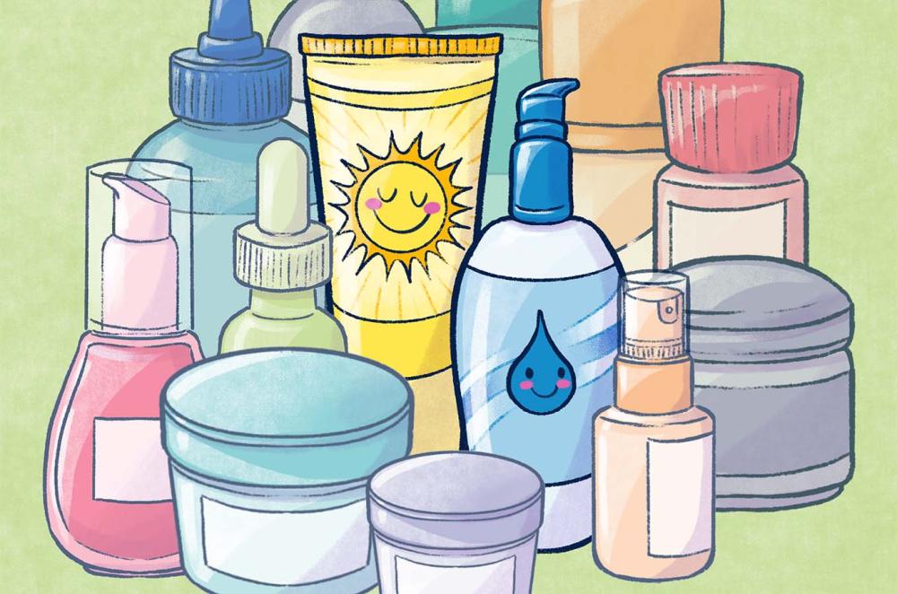Cartoon of various skin care products