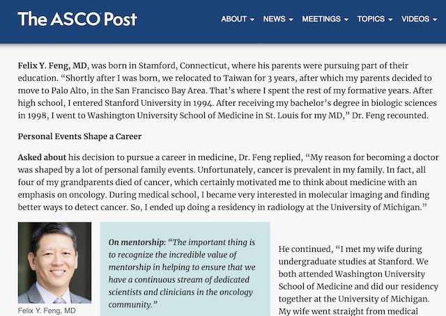 Felix Feng bio in ASCO Post