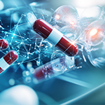 abstract visualization of pharmacodynamics featuring red and white capsules amidst network of molecular structures