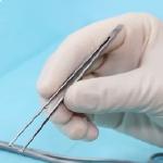 gloved hand holding tweezers