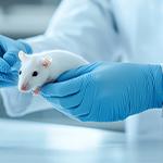 scientist with gloved hands holding mouse