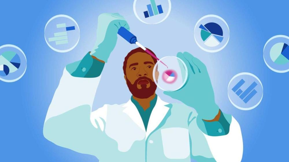 A conceptual graphic illustration showing a scientist using petri dishes to test scientific samples, with snippets of data visualizations around him.
