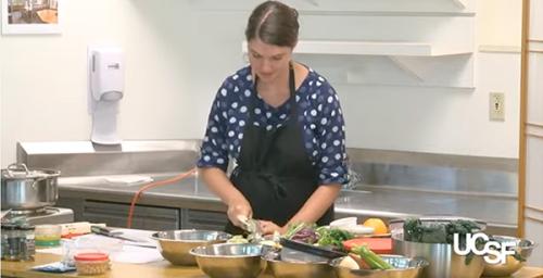 Women doing a cooking demonstration at a kitchen counter