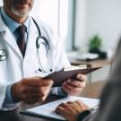 Male doctor holding clipboard and speaking to male patient across a desk