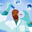 A conceptual graphic illustration showing a scientist using petri dishes to test scientific samples, with snippets of data visualizations around him.