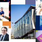 Collage of UCSF mission bay featuring the precision cancer medicine building and oncologist Alan Venook