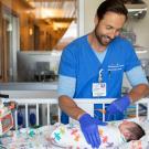 Ryan Grant, RN, a clinical nurse in the Pediatric Intensive Care Nursery, checks on his 15-day-old patient at UCSF Benioff Children’s Hospital, San Francisco. Photo by Susan Merrell 